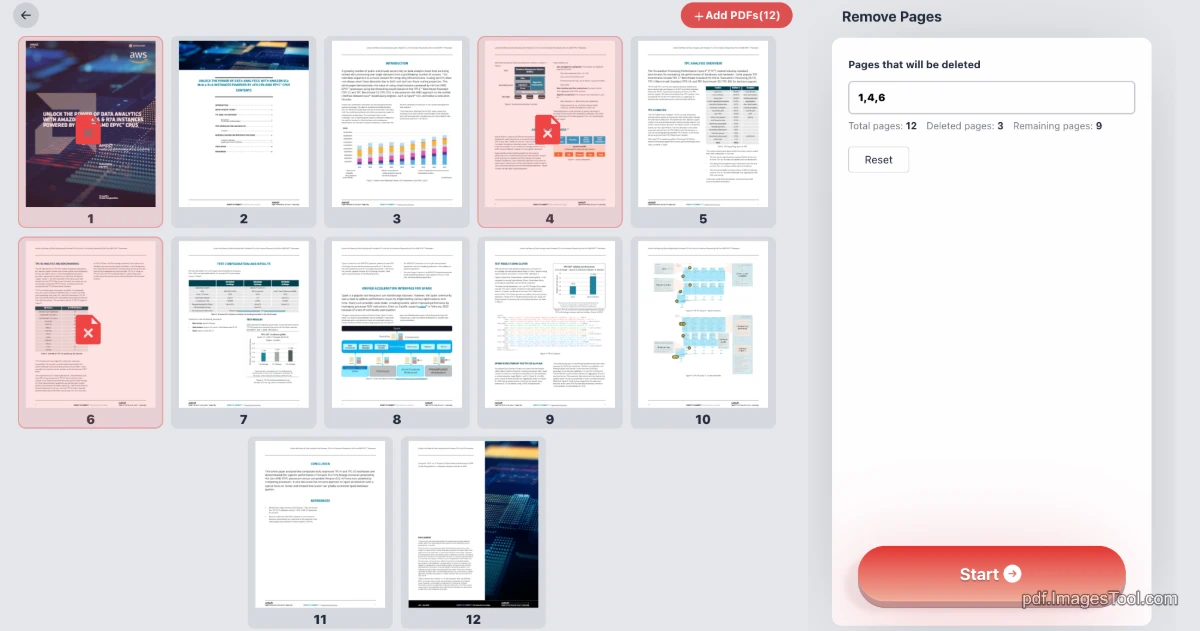 Elimina pagine - Quando inserisci un PDF, fai clic per selezionare la pagina da eliminare